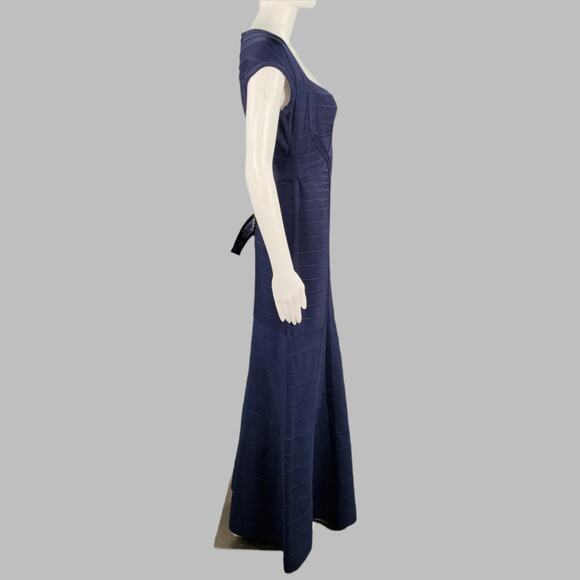 HERVE LEGER Size M Catarina Navy Rayon Blend Bandage Cap Sleeves Evening Gown - Picture 2 of 6